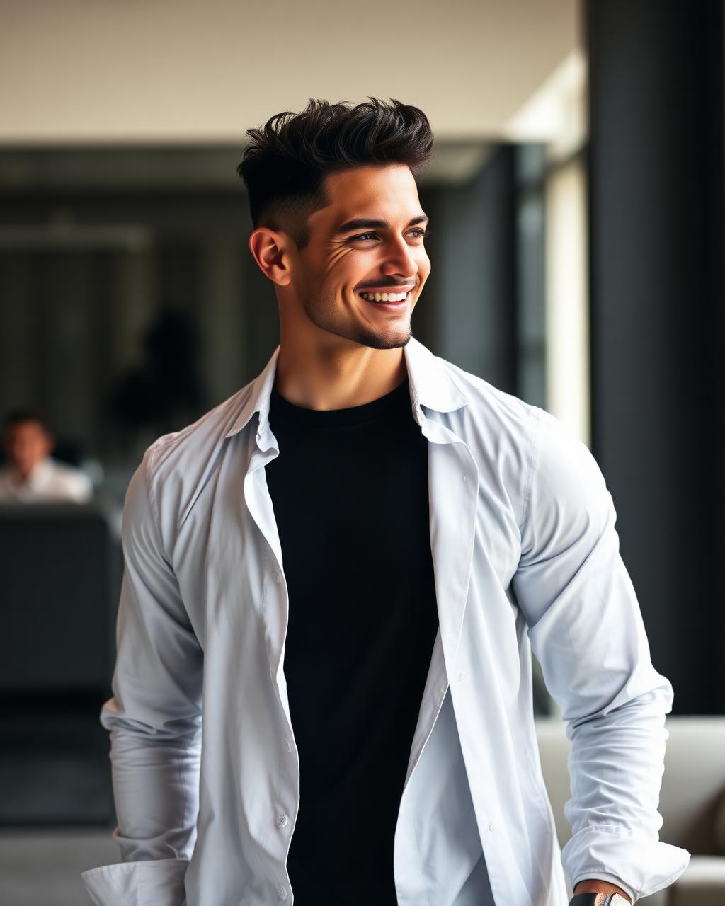 Confident man wearing the CoreFlex compression shirt under an open dress shirt